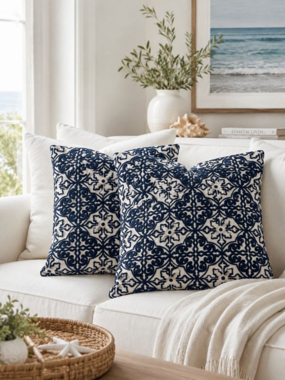 HWY 50 Set Of 2 Blue & White Medallion Embroidered Cotton Pillow Covers